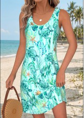 Mint Green dresses,Animal Print dresses,Vacation dresses,ROTITA Plus Size Tummy Coverage Marine Life Print Short Dress