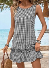 ROTITA Tummy Coverage Plaid Black Short Round Neck Sleeveless Dress