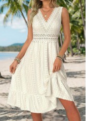 Beige dresses,Plain Color dresses,Vacation dresses,Vacation dresses,ROTITA Beige Shirred V Neck Sleeveless Dress