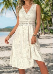 Beige dresses,Plain Color dresses,Vacation dresses,Vacation dresses,ROTITA Beige Shirred V Neck Sleeveless Dress