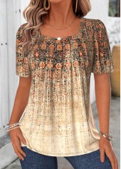 ROTITA Patchwork Tribal Print Light Coffee Square Neck T Shirt