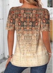 Light Coffee tops,Tribal tops,ROTITA Patchwork Tribal Print Light Coffee Square Neck T Shirt
