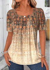 Light Coffee tops,Tribal tops,ROTITA Patchwork Tribal Print Light Coffee Square Neck T Shirt