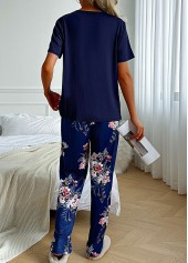 Navy loungewear,Floral loungewear,Plants loungewear,Floral Print Navy Round Neck Lounge Top and Pants