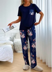 Navy loungewear,Floral loungewear,Plants loungewear,Floral Print Navy Round Neck Lounge Top and Pants