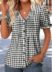 Black tops,Plaid tops,Geometric tops,ROTITA Tummy Coverage Plaid Black V Neck Short Sleeve Blouse