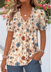 ROTITA Frill Floral Print Multi Color V Neck T Shirt