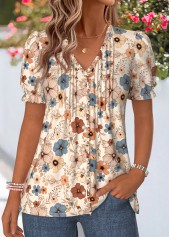Multi Color tops,Floral tops,Plants tops,ROTITA Frill Floral Print Multi Color V Neck T Shirt