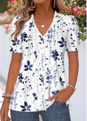 Rotita Rüschen-T-Shirt mit Blumenmuster marineblau V-Ausschnitt