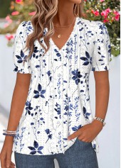 Navy tops,Floral tops,Plants tops,ROTITA Frill Floral Print Navy V Neck T Shirt