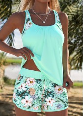 Mint Green swimwear,Plants swimwear,ROTITA Mint Green Patchwork Tropical Plants Print Tankini Set
