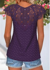 Purple tops,Plain Color tops,ROTITA Curved Hem Purple Split Neck Short Sleeve T Shirt