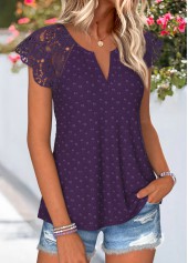 Purple tops,Plain Color tops,ROTITA Curved Hem Purple Split Neck Short Sleeve T Shirt
