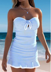 Light Blue swimwear,Striped swimwear,Geometric swimwear,ROTITA Light Blue Bowknot Striped Mid Waisted Tankini Set