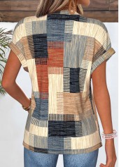 Multi Color tops,Geometric tops,ROTITA Geometric Print Multi Color Split Neck T Shirt