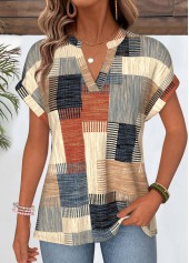 ROTITA Geometric Print Multi Color Split Neck T Shirt