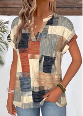 Multi Color tops,Geometric tops,ROTITA Geometric Print Multi Color Split Neck T Shirt