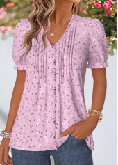 Dusty Purple tops,Floral tops,Plants tops,ROTITA Frill Floral Print Dusty Purple V Neck T Shirt