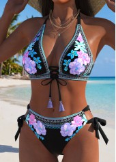 Multi Color swimwear,Floral swimwear,Plants swimwear,ROTITA Multi Color Lace Up Floral Print Bikini Set