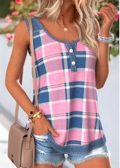 Pink tops,Plaid tops,Geometric tops,ROTITA Layered Plaid Pink Scoop Neck Sleeveless Tank Top