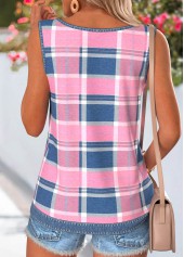 Pink tops,Plaid tops,Geometric tops,ROTITA Layered Plaid Pink Scoop Neck Sleeveless Tank Top