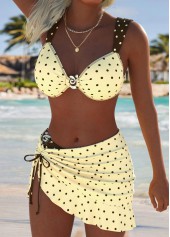Light Yellow swimwear,Dot swimwear,ROTITA Light Yellow Three-piece Polka Dot Mid Waisted Bikini Set