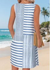 Blue dresses,Striped dresses,Geometric dresses,Everyday dresses,Casual dresses,ROTITA Blue Striped Tummy Coverage Short V Neck Sleeveless Dress