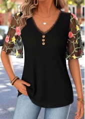 ROTITA Curved Hem Black V Neck Half Sleeve T Shirt