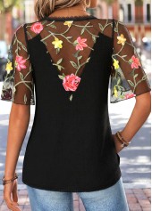 Black tops,Plain Color tops,ROTITA Curved Hem Black V Neck Half Sleeve T Shirt