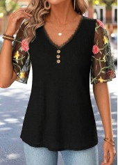 Black tops,Plain Color tops,ROTITA Curved Hem Black V Neck Half Sleeve T Shirt