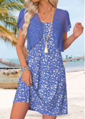 Purplish Blue dresses,Ditsy Floral dresses,Vacation dresses,Vacation dresses,ROTITA Purplish Blue Ditsy Floral Print Two-piece Dress and Cardigan