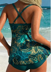 Peacock Blue swimwear,Tribal swimwear,ROTITA Peacock Blue Tie Tribal Print Mid Waisted Tankini Set