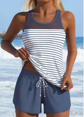 ROTITA Dusty Blue Two-piece Striped Mid Waisted Tankini Set