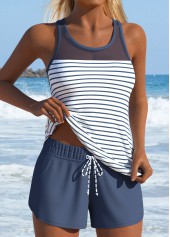 Dusty Blue swimwear,Striped swimwear,Geometric swimwear,ROTITA Dusty Blue Two-piece Striped Mid Waisted Tankini Set