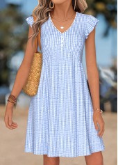 Robe courte à rayures bleu clair Rotita froncée et col en V