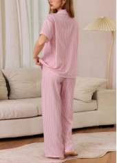 Pink loungewear,Striped loungewear,Geometric loungewear,Striped Pink Shirt Collar Lounge Top and Pants