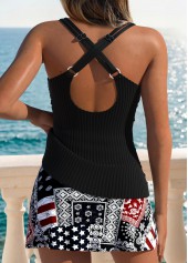 Black swimwear,Tribal swimwear,ROTITA Black Surplice Tribal Print Mid Waisted Tankini Set
