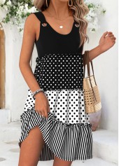 Black dresses,Geometric dresses,Vacation dresses,Vacation dresses,ROTITA Black Geometric Print Shirred Short Scoop Neck Sleeveless Dress