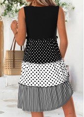 Black dresses,Geometric dresses,Vacation dresses,Vacation dresses,ROTITA Black Geometric Print Shirred Short Scoop Neck Sleeveless Dress