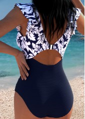 Navy swimwear,Floral swimwear,Plants swimwear,ROTITA Navy Ruffle Floral Print One Piece Swimwear