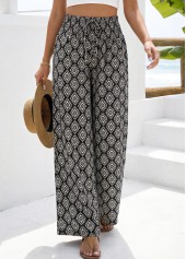 Black bottoms,Geometric bottoms,Geometric Print Black Straight Leg Elastic Waist Pants