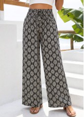 Black bottoms,Geometric bottoms,Geometric Print Black Straight Leg Elastic Waist Pants