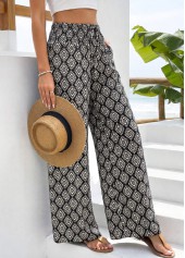 Black bottoms,Geometric bottoms,Geometric Print Black Straight Leg Elastic Waist Pants