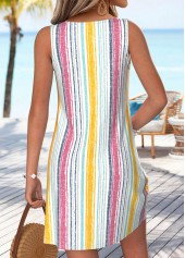 Multi Color dresses,Striped dresses,Geometric dresses,Vacation dresses,Vacation dresses,ROTITA Multi Color Tummy Coverage Short Round Neck Sleeveless Dress