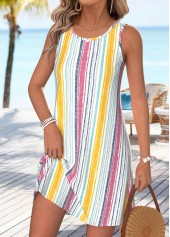 Multi Color dresses,Striped dresses,Geometric dresses,Vacation dresses,Vacation dresses,ROTITA Multi Color Tummy Coverage Short Round Neck Sleeveless Dress