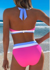 Hot Pink swimwear,Contrast Color swimwear,ROTITA Hot Pink Patchwork Mid Waisted Bikini Set