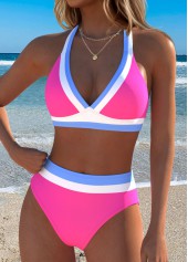 Hot Pink swimwear,Contrast Color swimwear,ROTITA Hot Pink Patchwork Mid Waisted Bikini Set