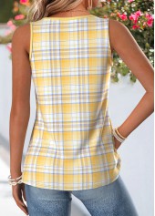 Yellow tops,Plaid tops,Geometric tops,ROTITA Shirred Plaid Yellow V Neck Sleeveless Tank Top