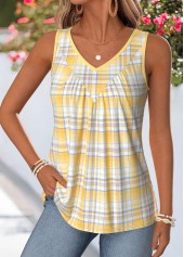 Yellow tops,Plaid tops,Geometric tops,ROTITA Shirred Plaid Yellow V Neck Sleeveless Tank Top