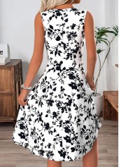 White dresses,Floral dresses,Plants dresses,Vacation dresses,Vacation dresses,ROTITA White Floral Print Shirred Round Neck Sleeveless Dress